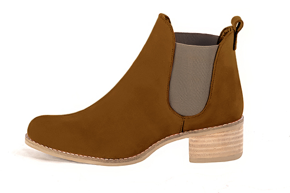 Caramel brown and bronze beige women's ankle boots, with elastics. Round toe. Low leather soles. Profile view - Florence KOOIJMAN